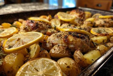 Close-up of Sheet Pan Lemon Pepper Chicken and Potatoes topped with lemon slices and herbs.