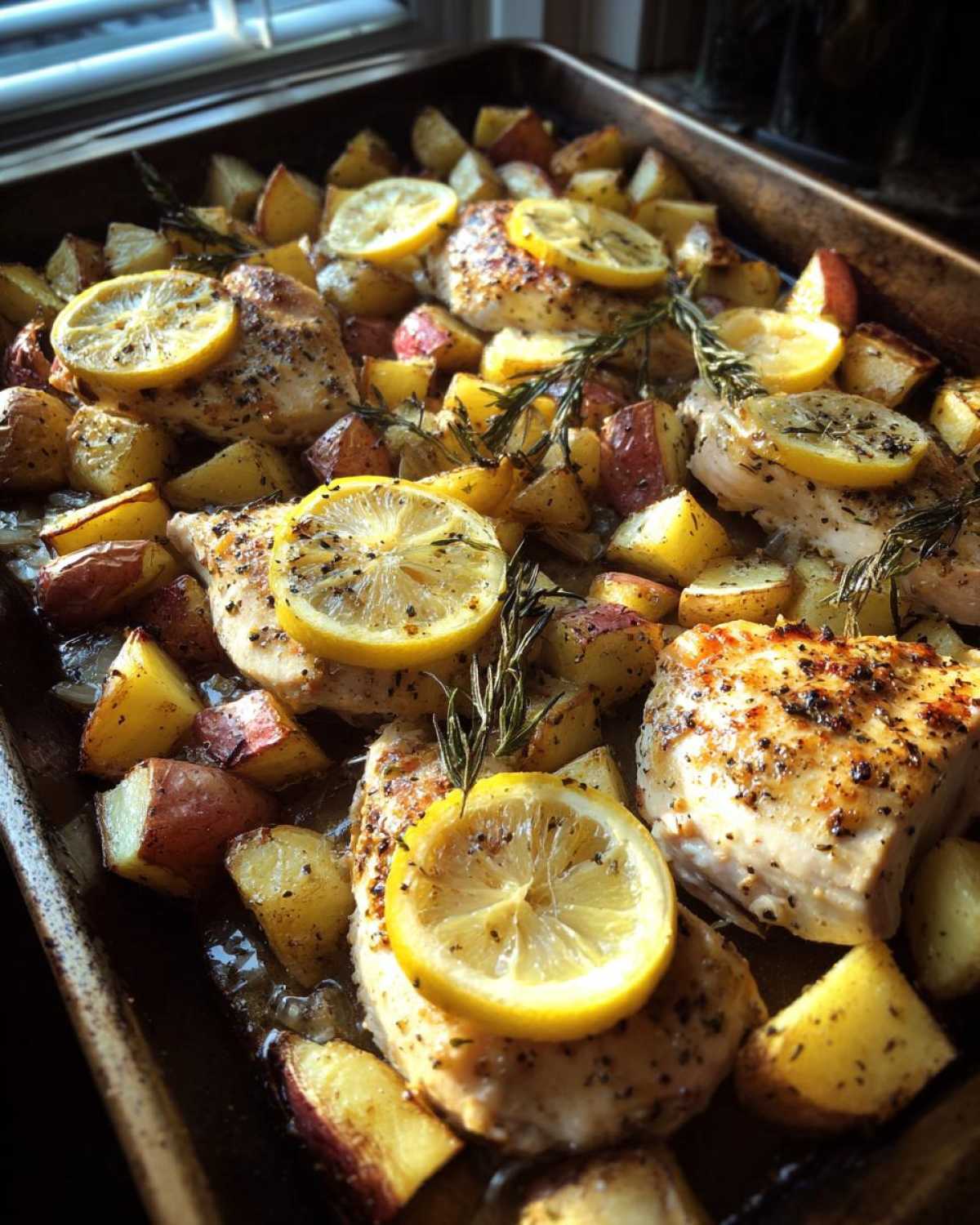 Close-up of Sheet Pan Lemon Pepper Chicken and Potatoes garnished with lemon slices and rosemary.