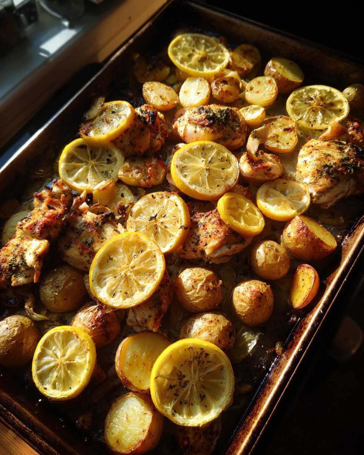 Close-up of Sheet Pan Lemon Pepper Chicken and Potatoes roasted with lemon slices on a dark baking sheet.