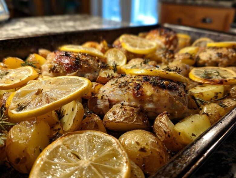 Close-up of Sheet Pan Lemon Pepper Chicken and Potatoes topped with lemon slices and herbs.