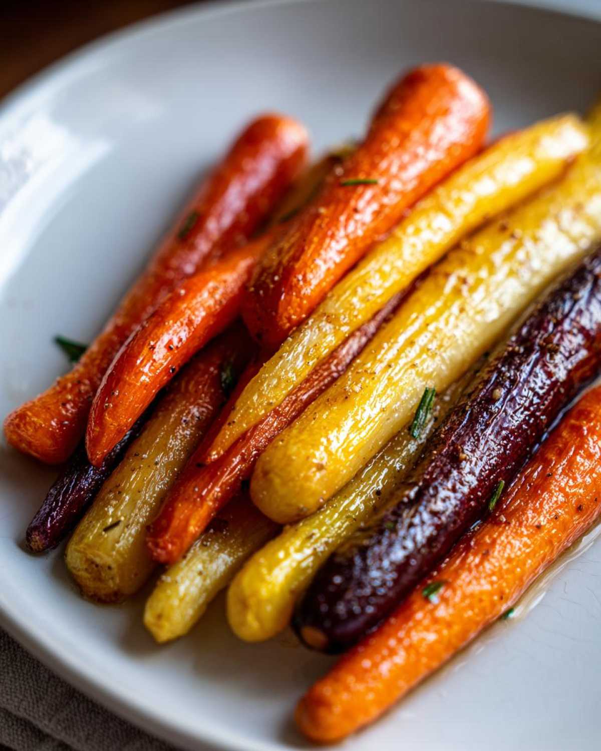 Close-up of glossy, roasted Sheet Pan Roasted Rainbow Carrots with Honey on a white plate, showing orange, yellow, and purple varieties.