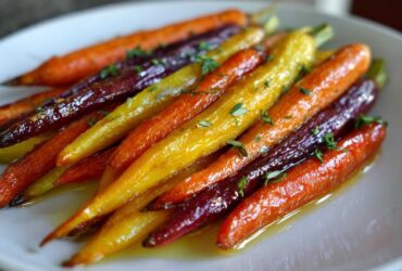 Close-up of glossy Sheet Pan Roasted Rainbow Carrots with Honey, garnished with fresh thyme sprigs.