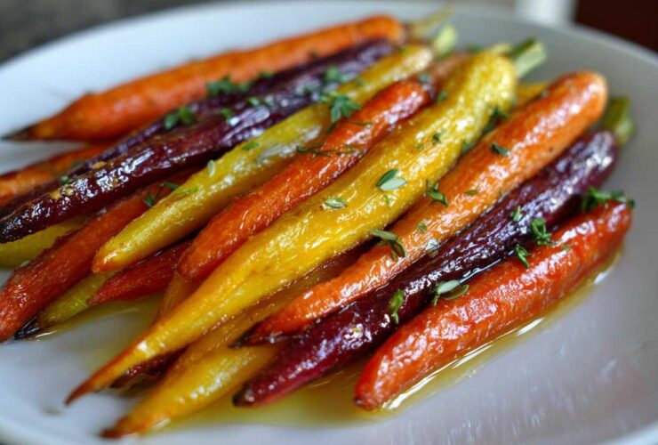 Close-up of glossy Sheet Pan Roasted Rainbow Carrots with Honey, garnished with fresh thyme sprigs.