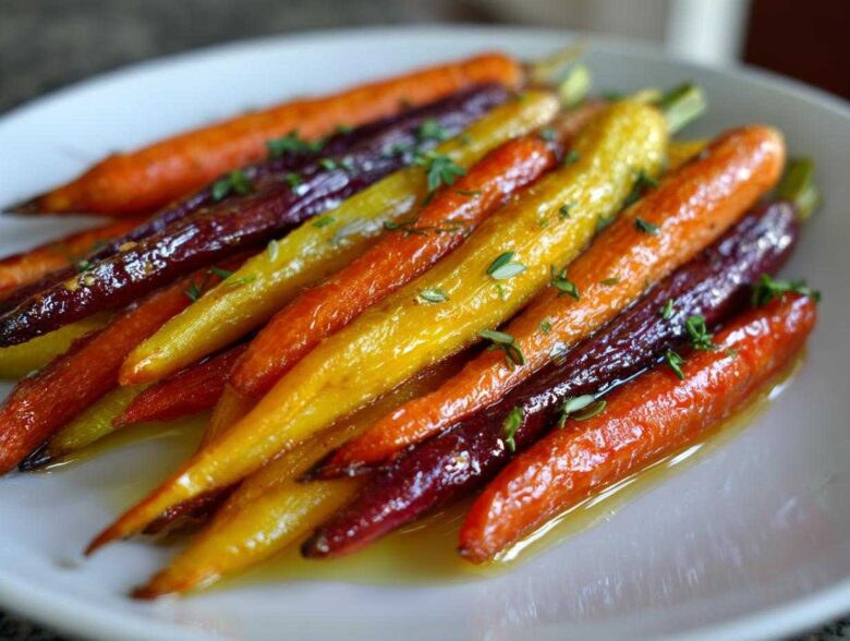 Close-up of glossy Sheet Pan Roasted Rainbow Carrots with Honey, garnished with fresh thyme sprigs.