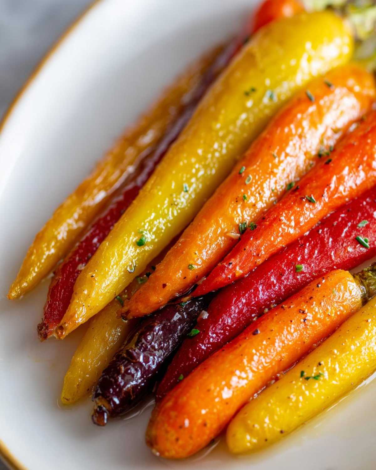 Close-up of glossy, roasted Sheet Pan Roasted Rainbow Carrots with Honey, showing yellow, orange, and purple varieties.