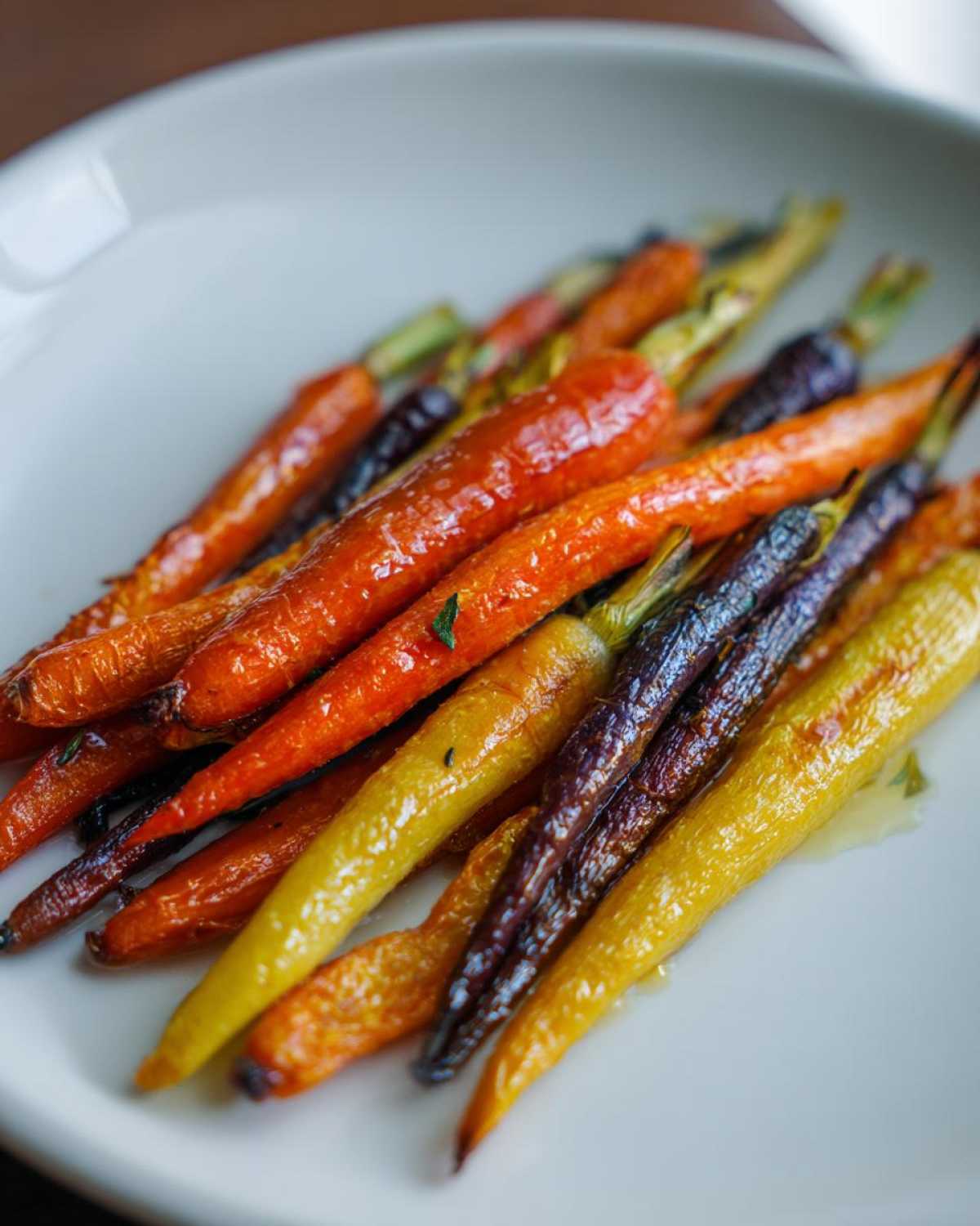 Close-up of glossy, roasted Sheet Pan Roasted Rainbow Carrots with Honey on a white plate.
