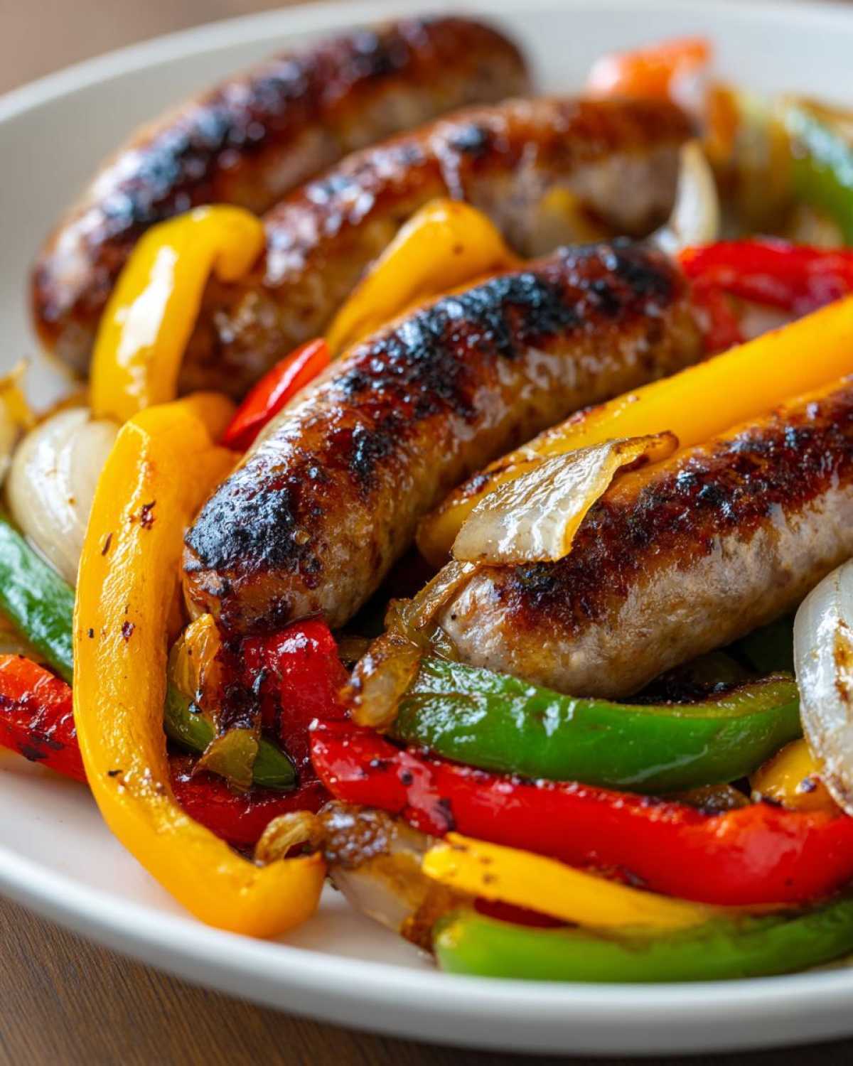 Close-up of browned sausages nestled among roasted red, yellow, and green bell peppers and onions, the perfect Sheet Pan Sausage and Peppers.