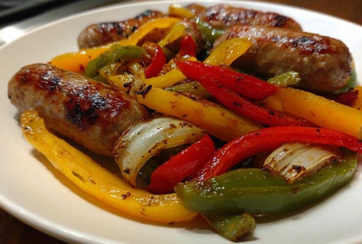 A close-up view of perfectly cooked Sheet Pan Sausage and Peppers, featuring browned sausages mixed with colorful roasted bell peppers and onions.