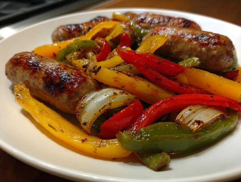 A close-up view of perfectly cooked Sheet Pan Sausage and Peppers, featuring browned sausages mixed with colorful roasted bell peppers and onions.
