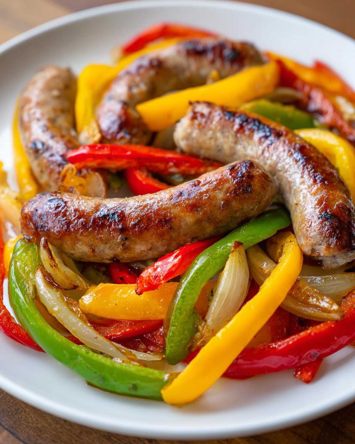 Close-up of perfectly browned sausages served over colorful roasted peppers and onions from Sheet Pan Sausage and Peppers.