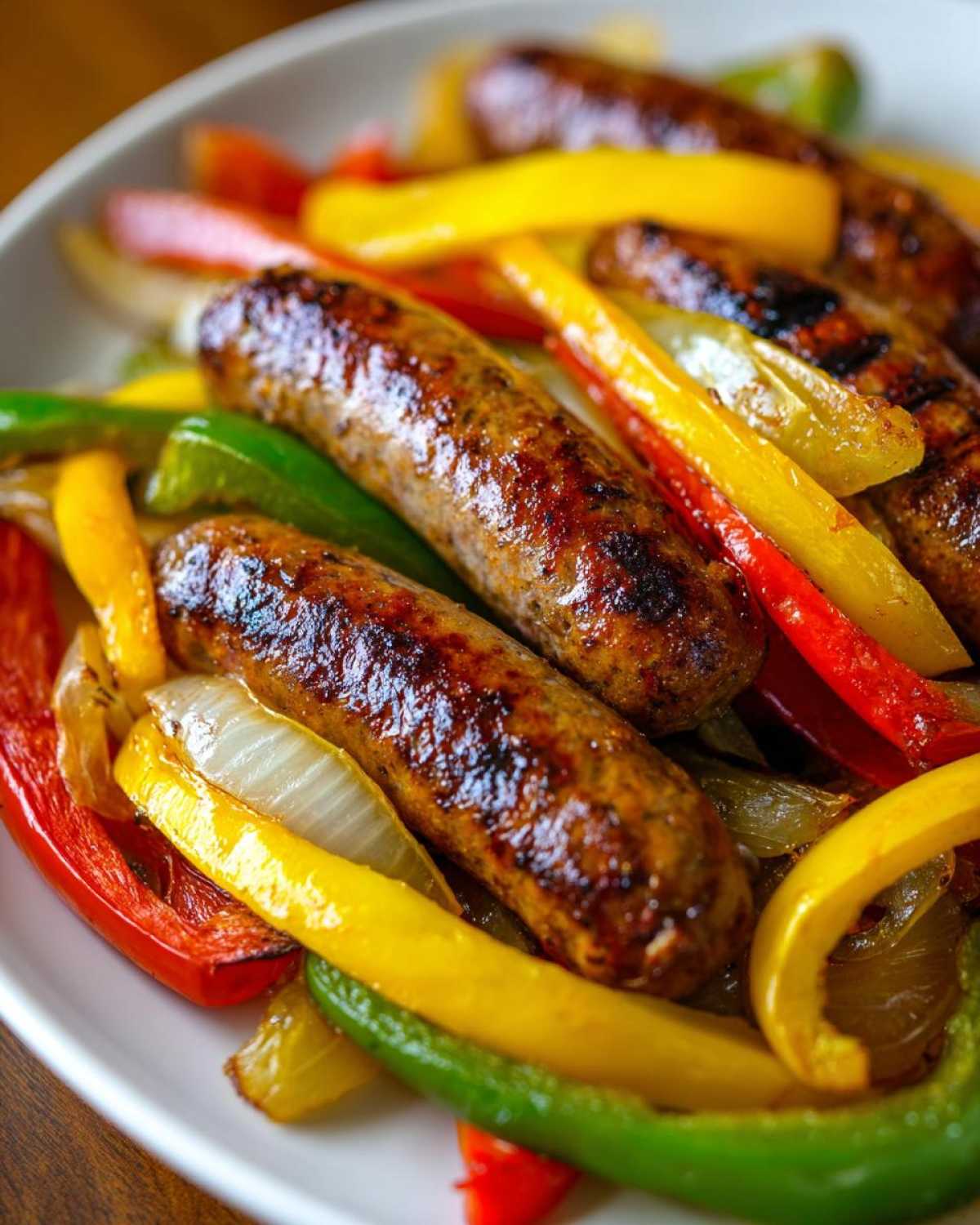 Close-up of perfectly browned sausages nestled among colorful roasted bell peppers and onions from the Sheet Pan Sausage and Peppers recipe.