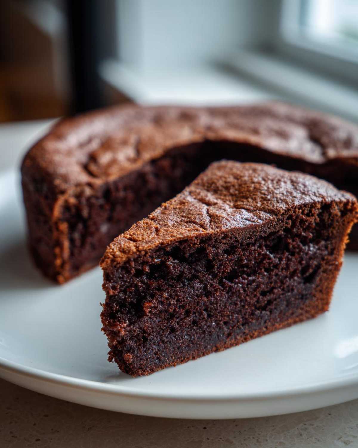 Close-up of a moist slice of dark Gluten-Free Chocolate Cake served on a white plate.