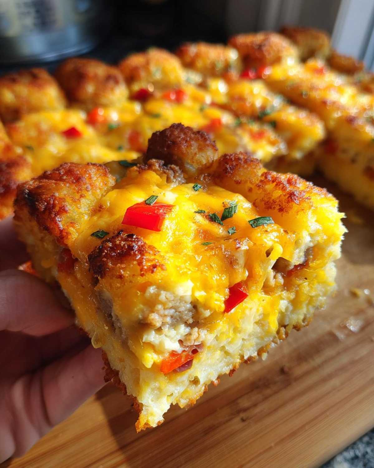 A hand holds a square slice of Tater Tot Breakfast Casserole topped with melted cheddar and red peppers.