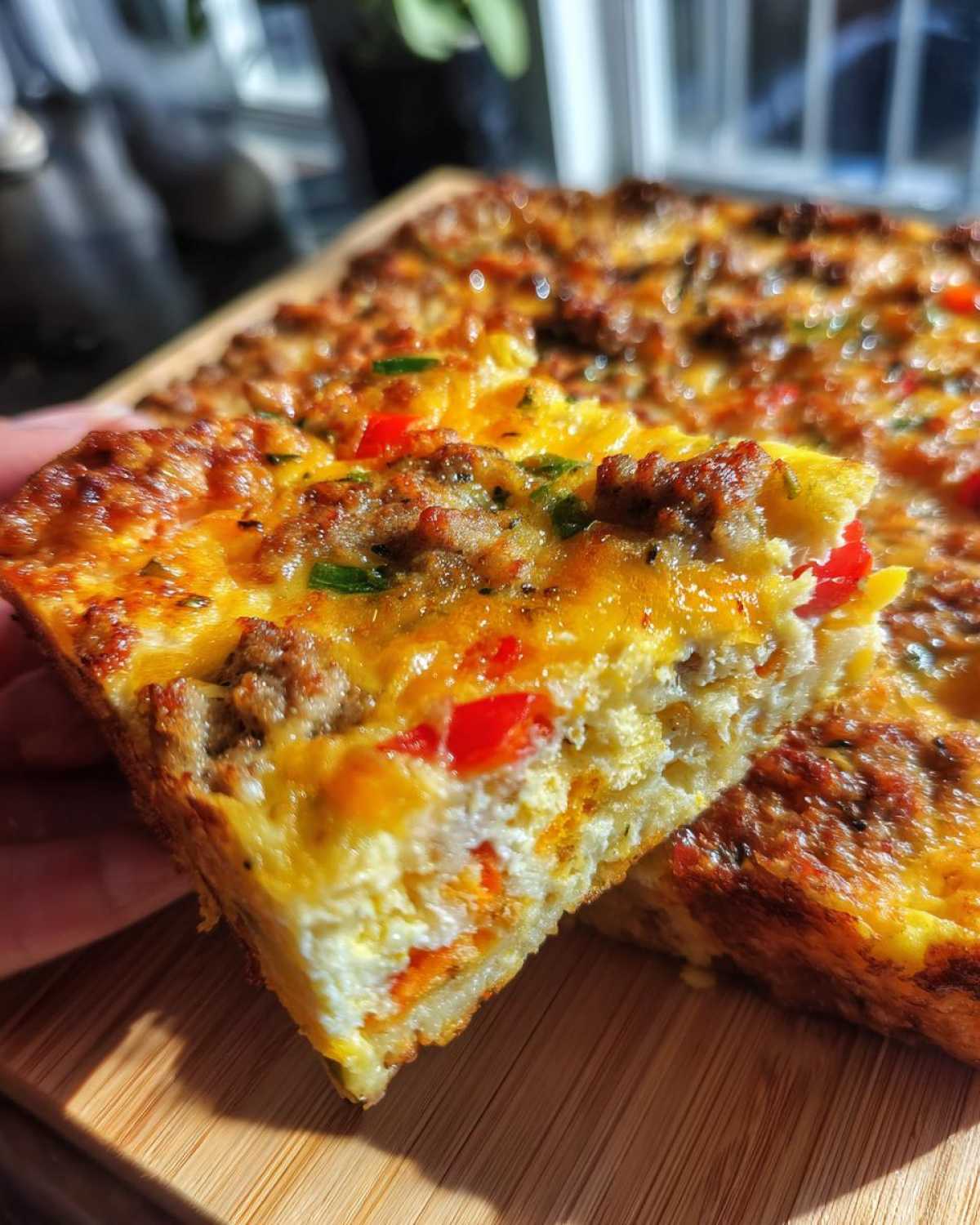 A hand lifting a square slice of Tater Tot Breakfast Casserole showing eggs, sausage, cheese, and red peppers.