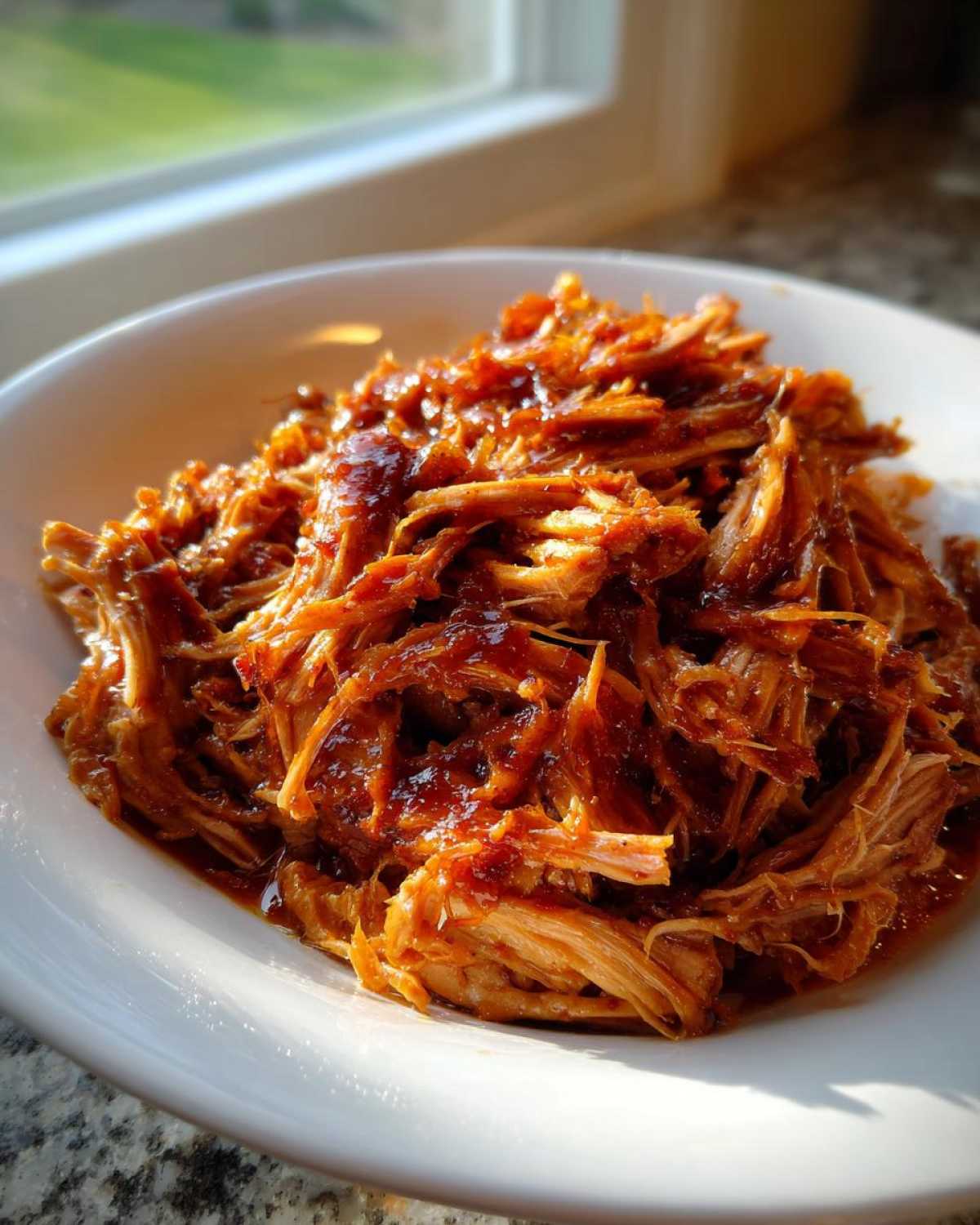 A close-up of shredded Slow Cooker Honey Garlic Pulled Pork glistening with sauce in a white bowl.