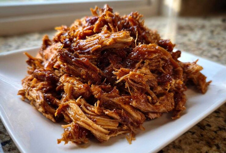 A close-up of shredded, saucy Slow Cooker Honey Garlic Pulled Pork piled high on a white plate.