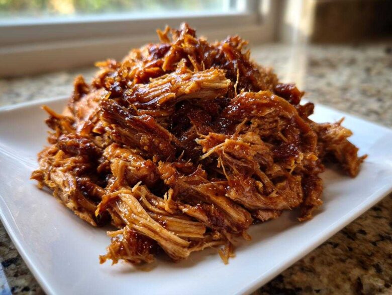 A close-up of shredded, saucy Slow Cooker Honey Garlic Pulled Pork piled high on a white plate.