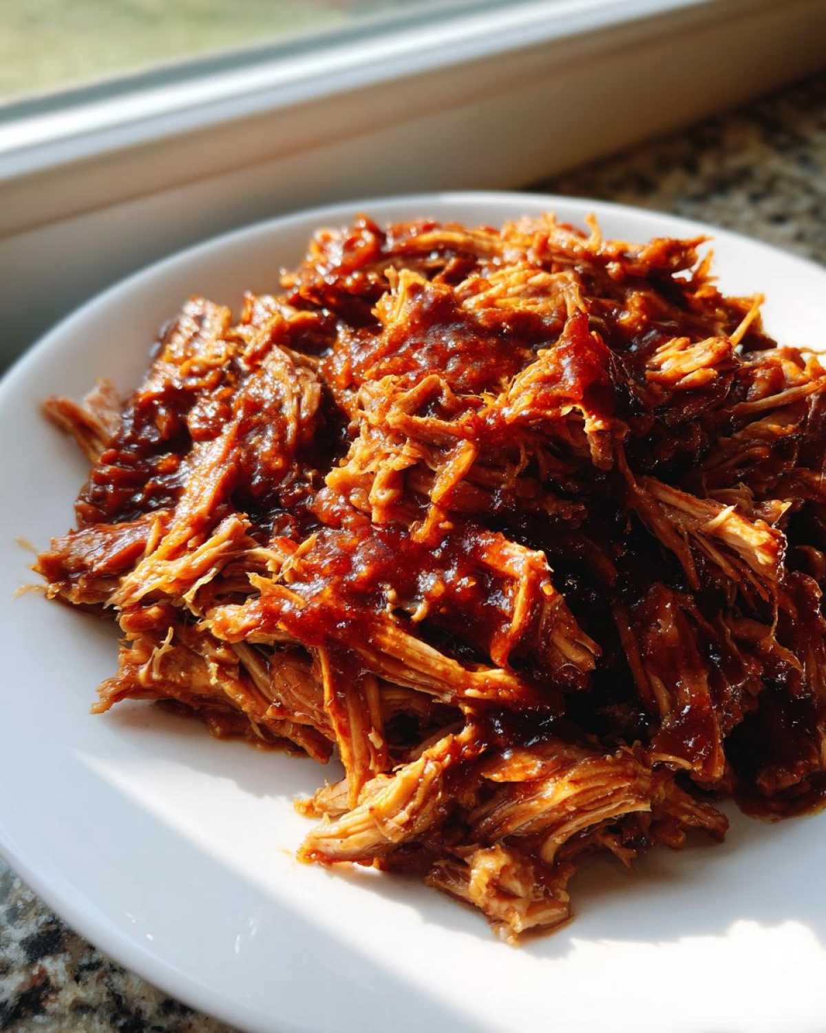 Close-up of shredded Slow Cooker Honey Garlic Pulled Pork piled high on a white plate, glistening with sauce.