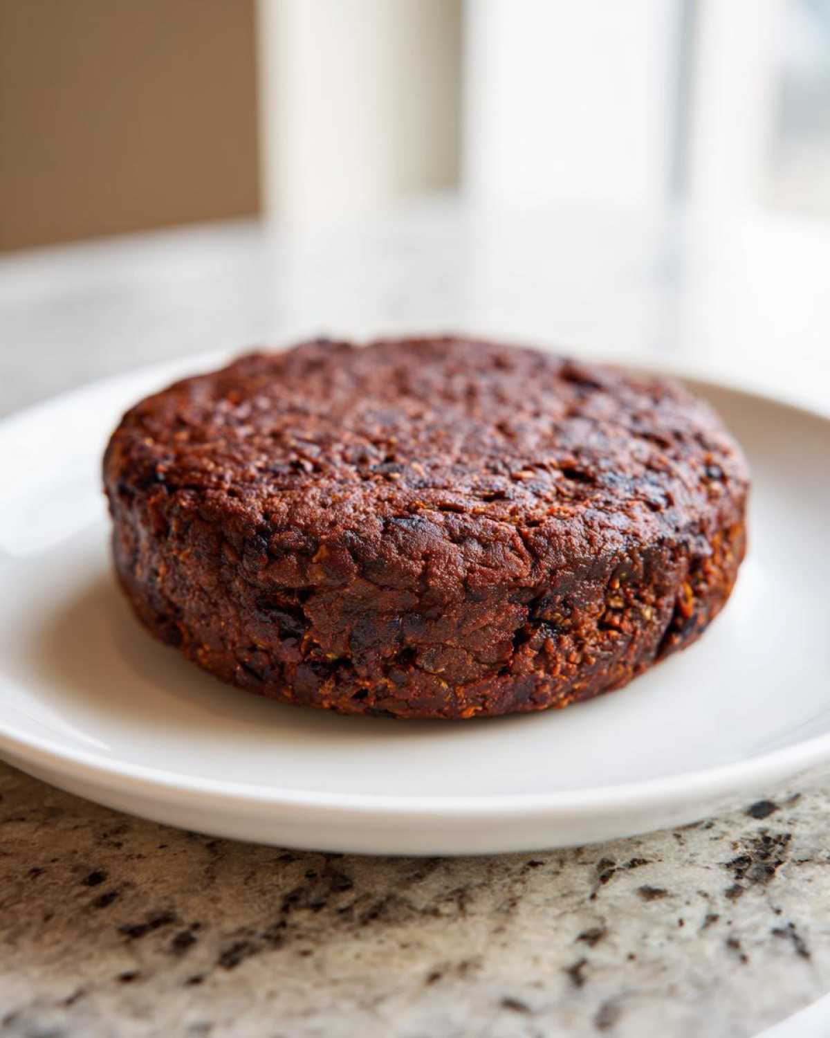 A single, thick, dark brown Smoky Black Bean Burger Patty resting on a white plate.