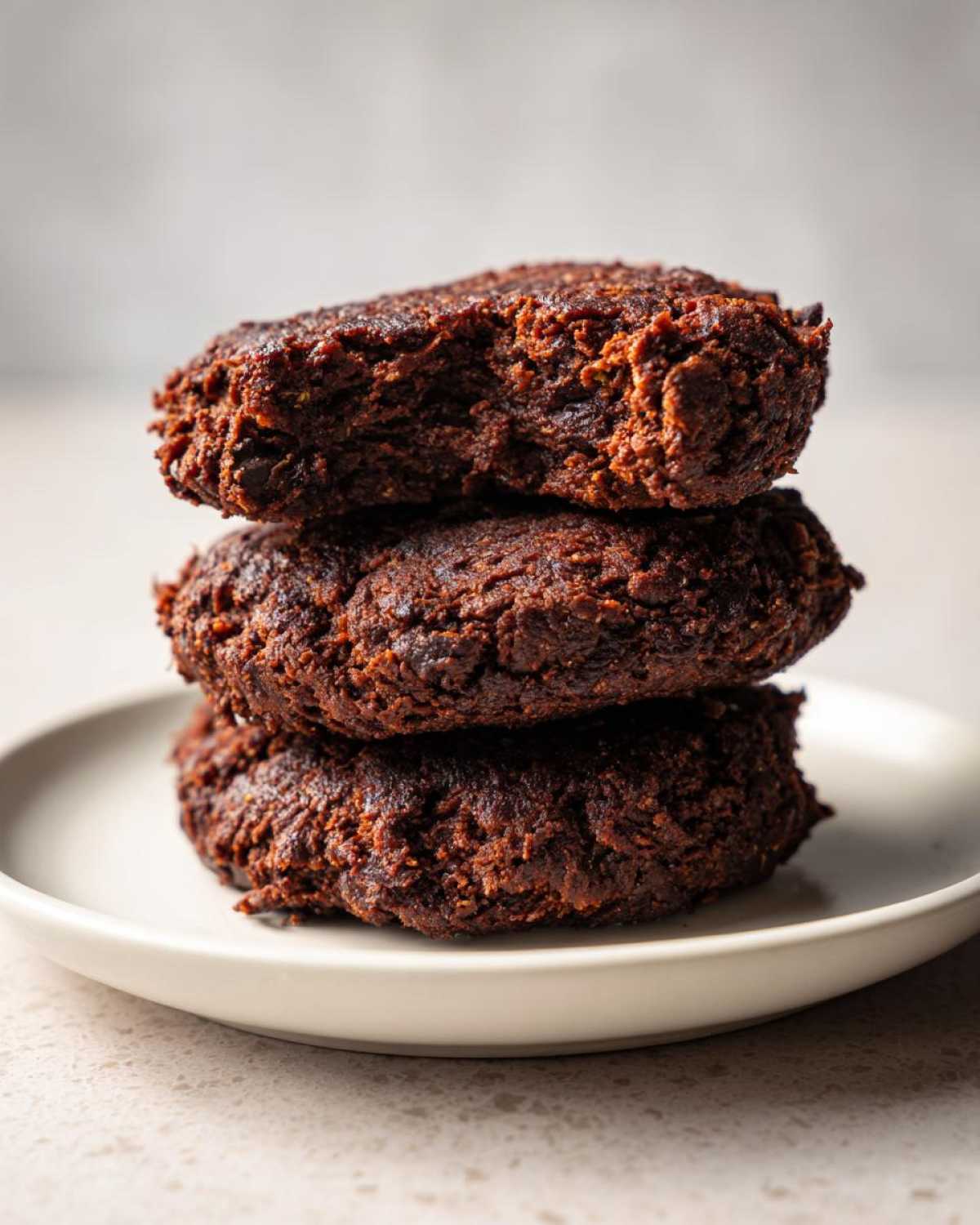 A stack of three dark, richly textured Smoky Black Bean Burger Patties resting on a light plate.
