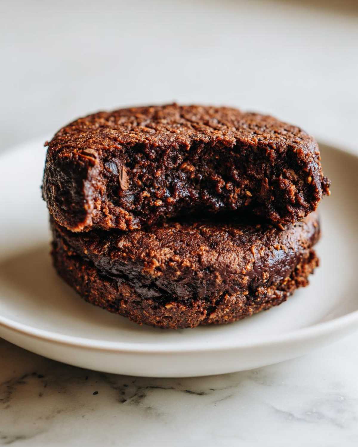 Close-up of two stacked, dark brown Smoky Black Bean Burger Patty halves showing a moist, textured interior.