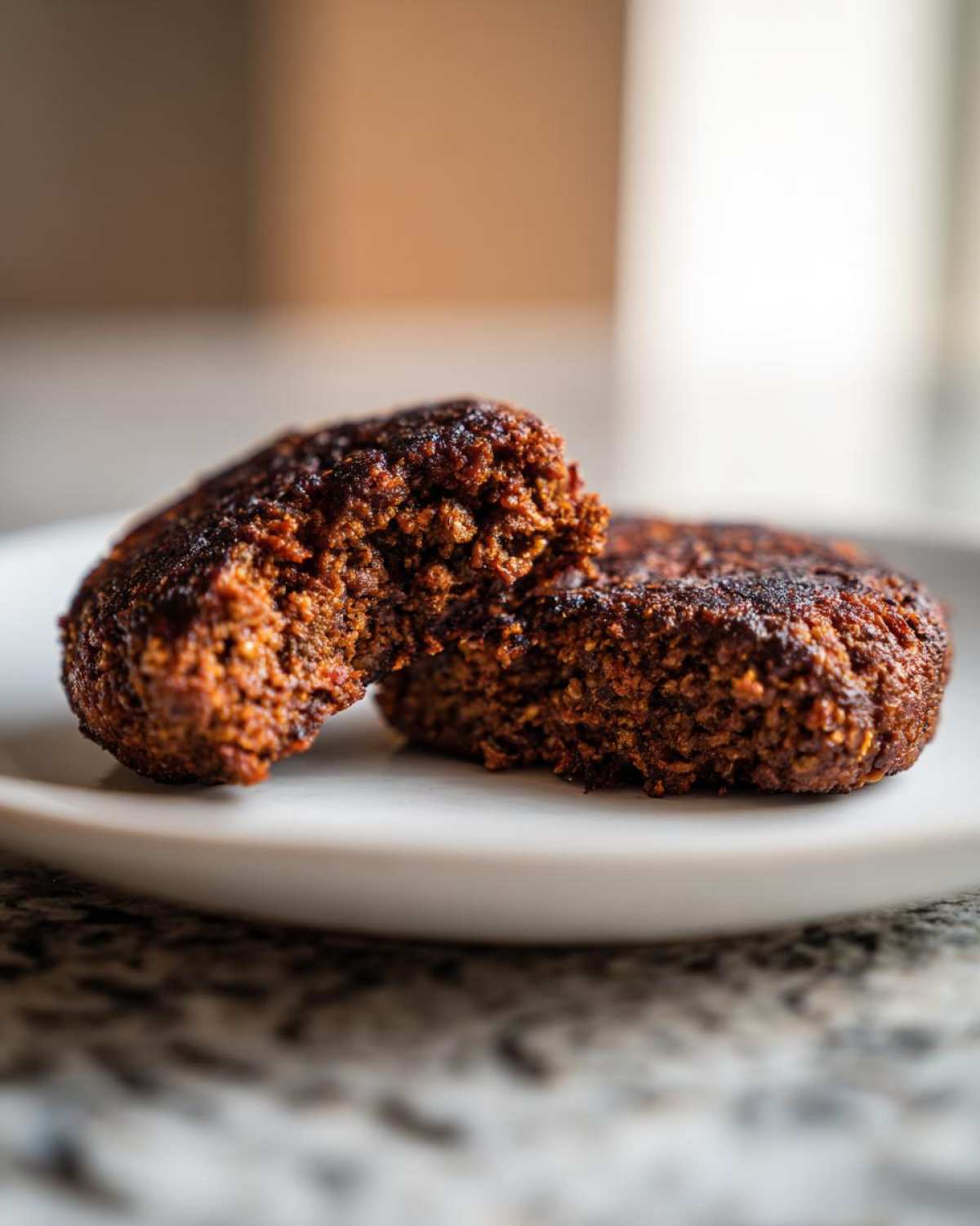 Close-up of a Smoky Black Bean Burger Patty broken in half, showing its rich, dark, textured interior.