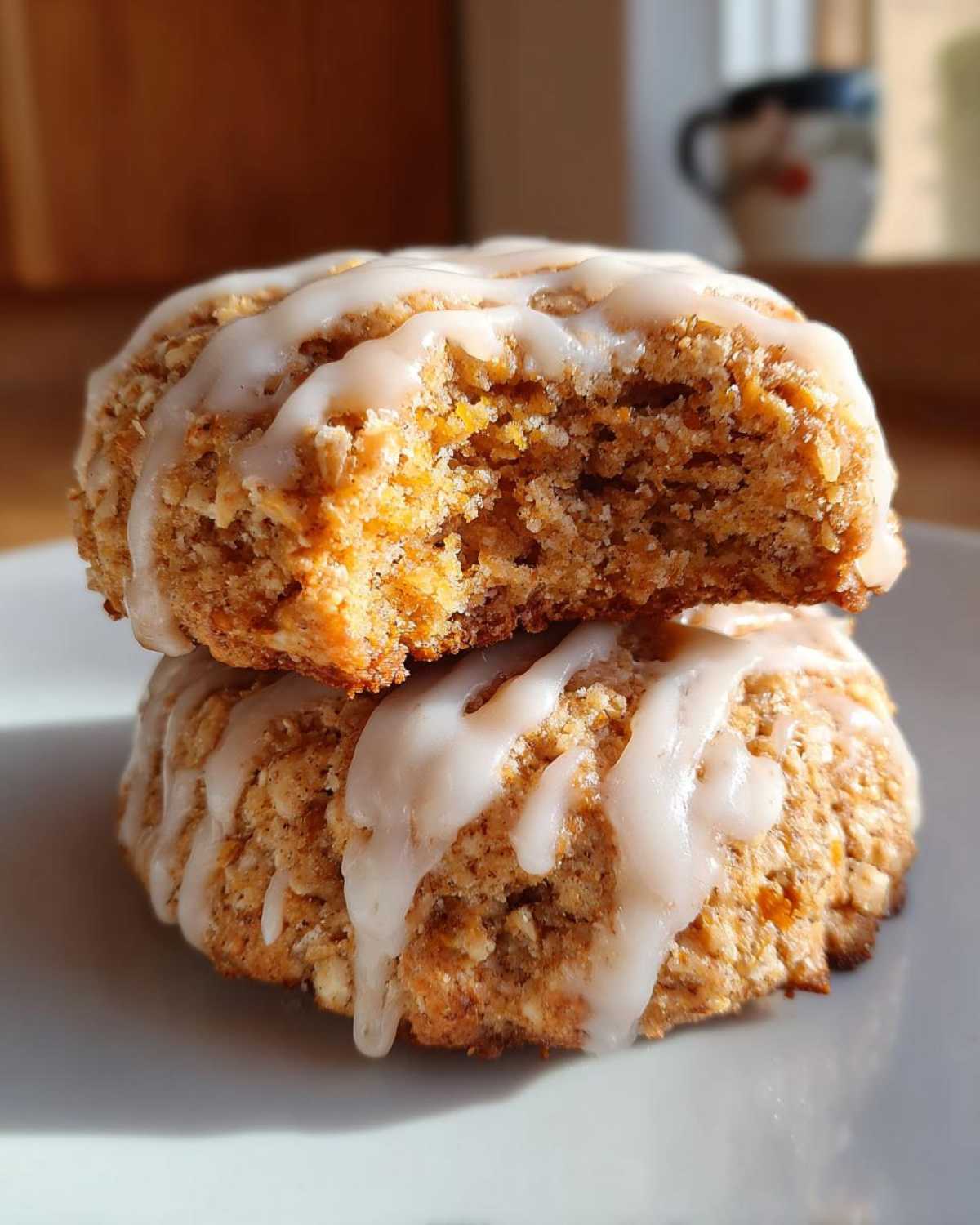 Two stacked Soft-Baked Carrot Cake Cookies, one broken open to show the texture, drizzled with cream cheese glaze.