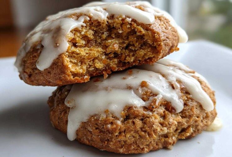 Two stacked Soft-Baked Carrot Cake Cookies topped with dripping cream cheese glaze, one cookie is broken open.