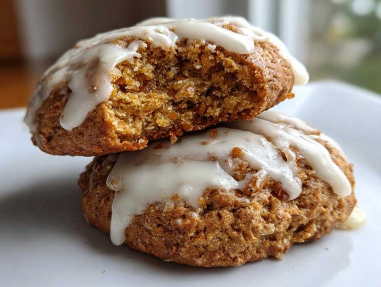 Two stacked Soft-Baked Carrot Cake Cookies topped with dripping cream cheese glaze, one cookie is broken open.