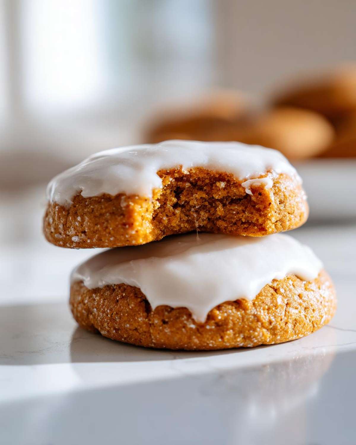 Two stacked Soft-Baked Carrot Cake Cookies with a thick white cream cheese glaze, one cookie has a bite taken out.