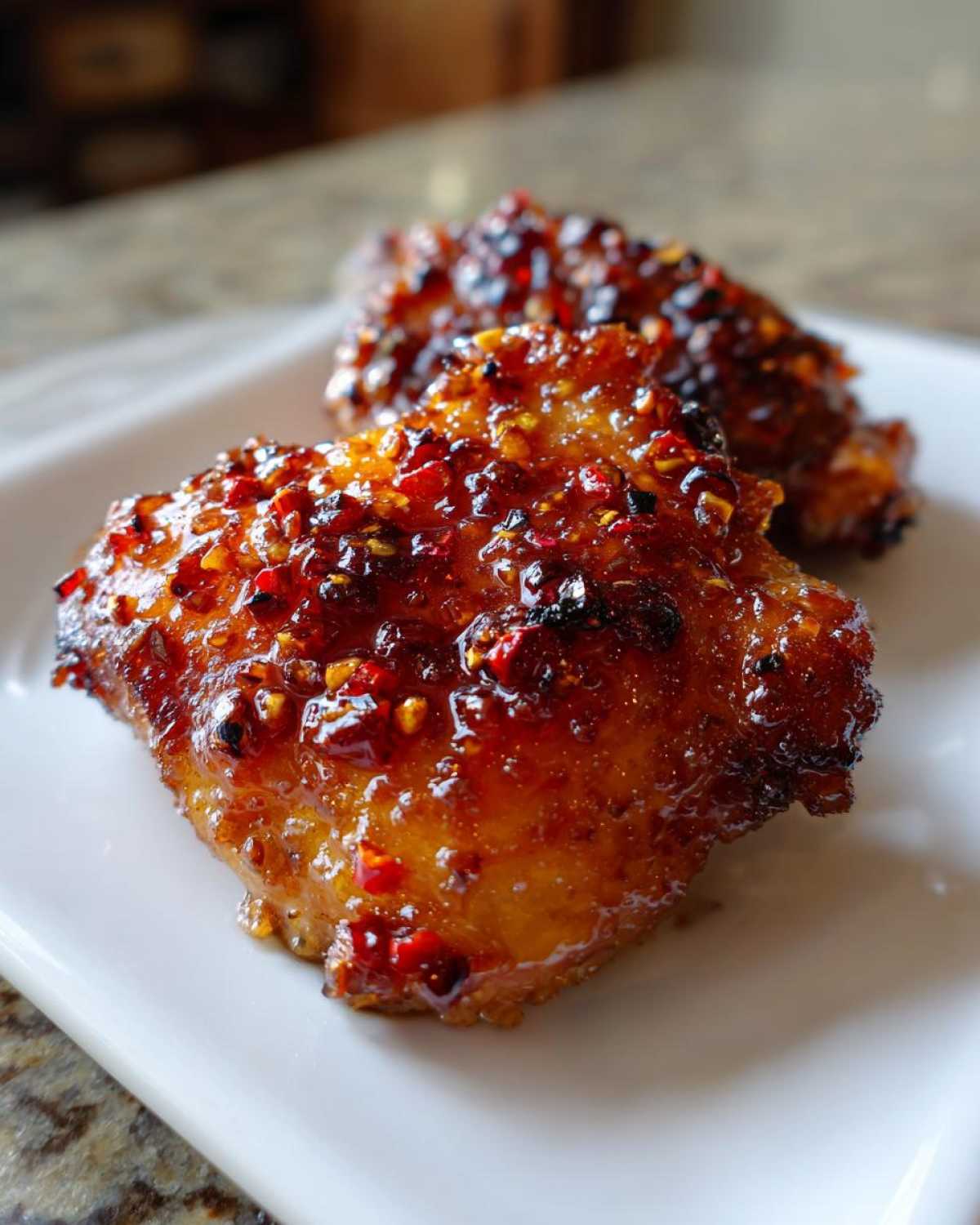 Close-up of two Spicy Honey Garlic Air Fryer Chicken Thighs coated in a thick, glossy, red chili glaze.