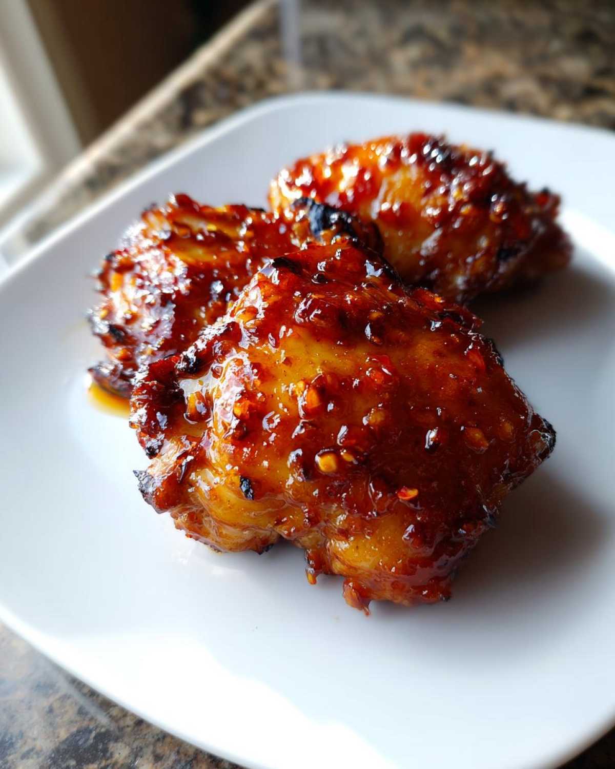 Three pieces of Spicy Honey Garlic Air Fryer Chicken Thighs covered in a thick, glossy, red chili glaze.