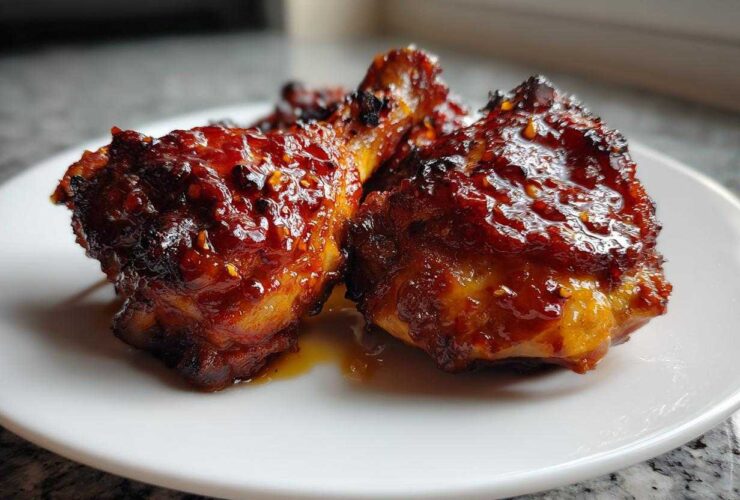 Close-up of two glazed Spicy Honey Garlic Air Fryer Chicken Thighs on a white plate.