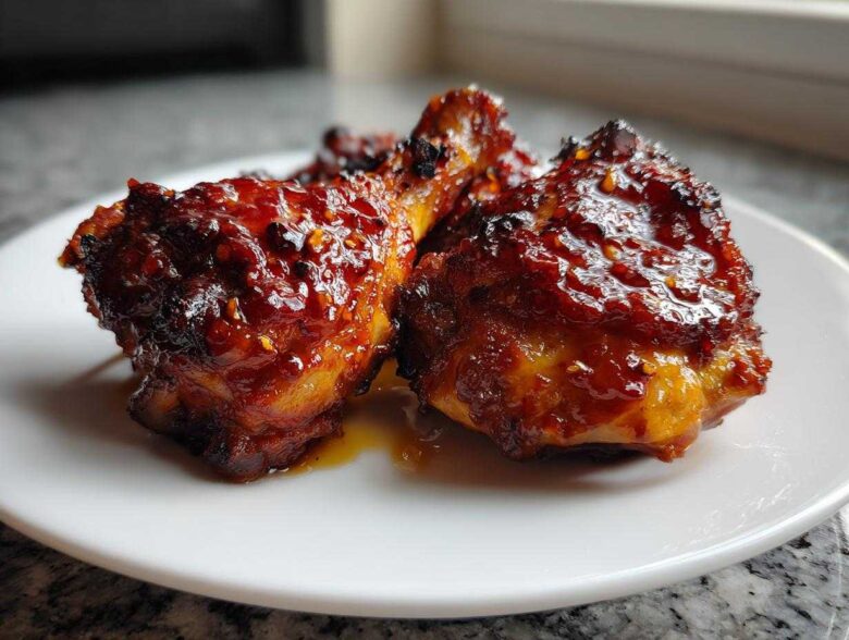 Close-up of two glazed Spicy Honey Garlic Air Fryer Chicken Thighs on a white plate.