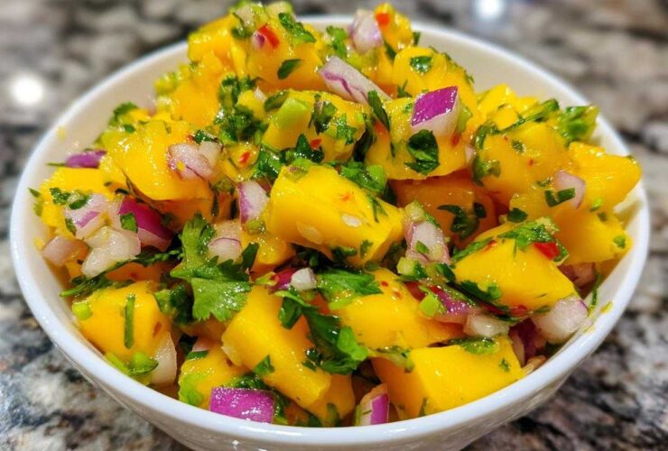 Close-up of a white bowl filled with bright yellow Spicy Mango Salsa, featuring diced mango, red onion, and cilantro.