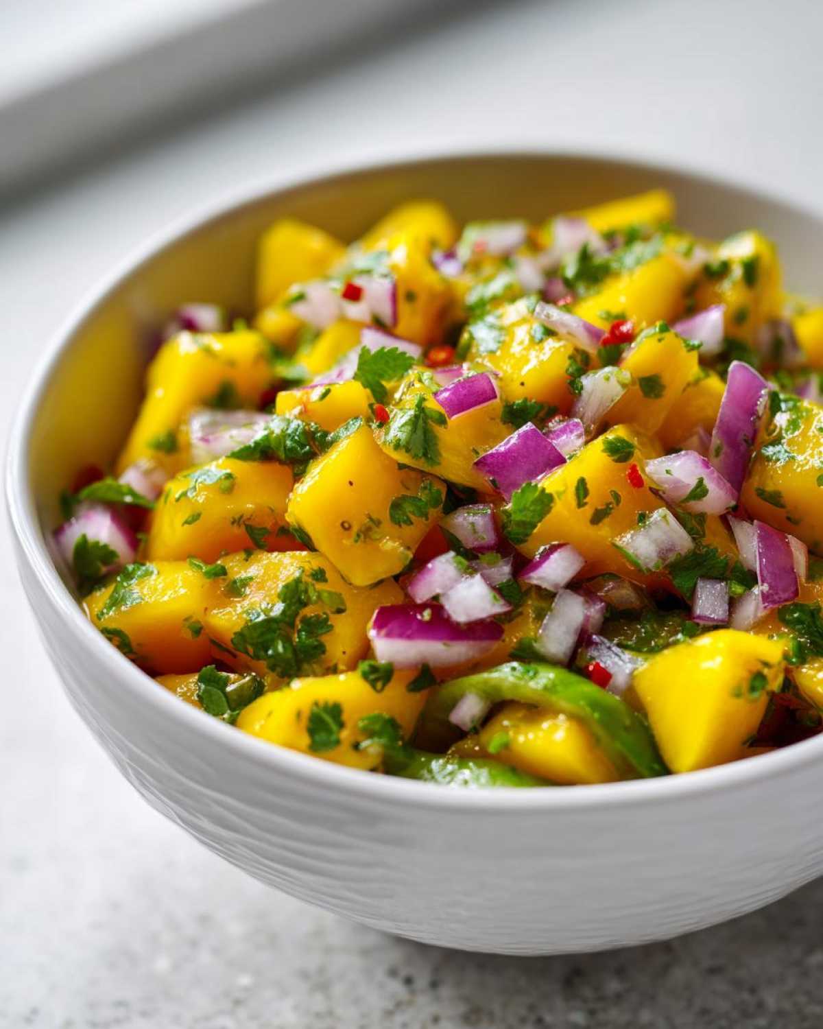 Close-up of vibrant Spicy Mango Salsa featuring diced mango, red onion, cilantro, and chili in a white bowl.