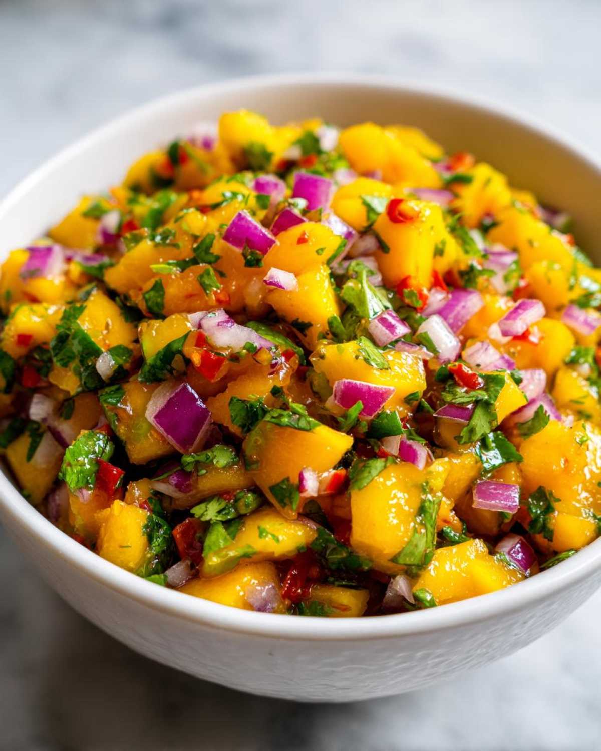 Close-up of vibrant Spicy Mango Salsa featuring diced mango, red onion, cilantro, and chili peppers in a white bowl.