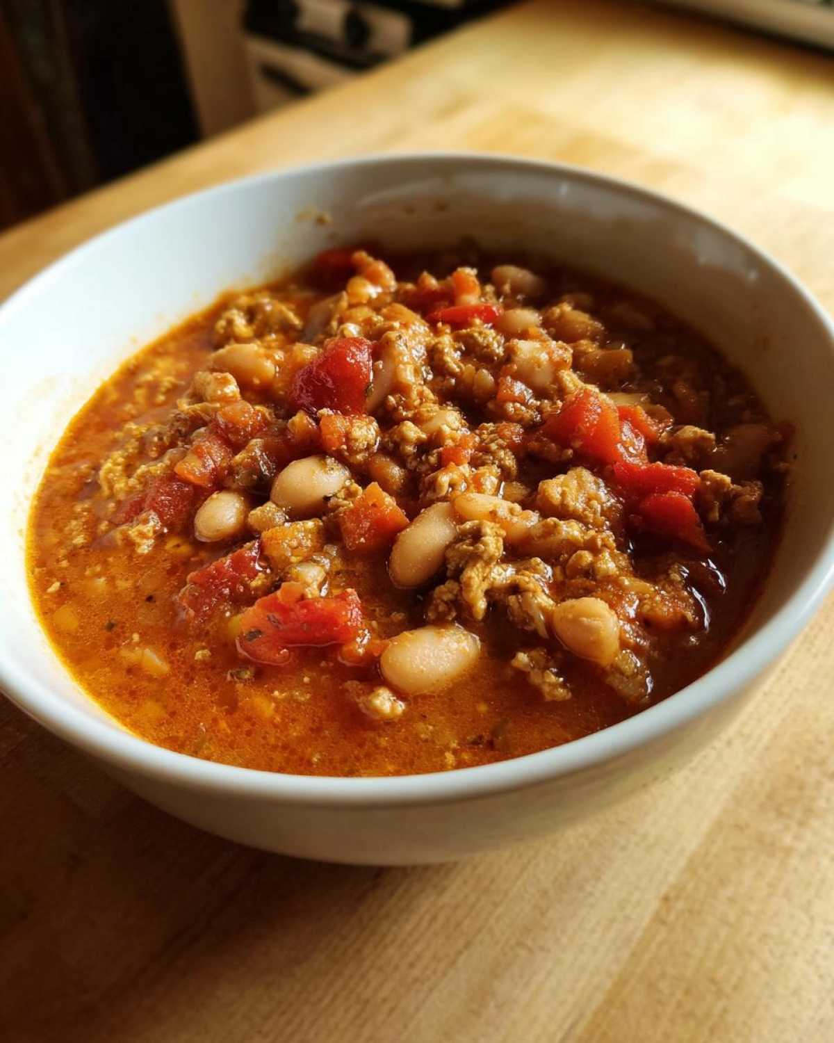 Close-up of a white bowl filled with hearty Spicy Turkey White Bean Chili, featuring ground turkey, white beans, and diced tomatoes.