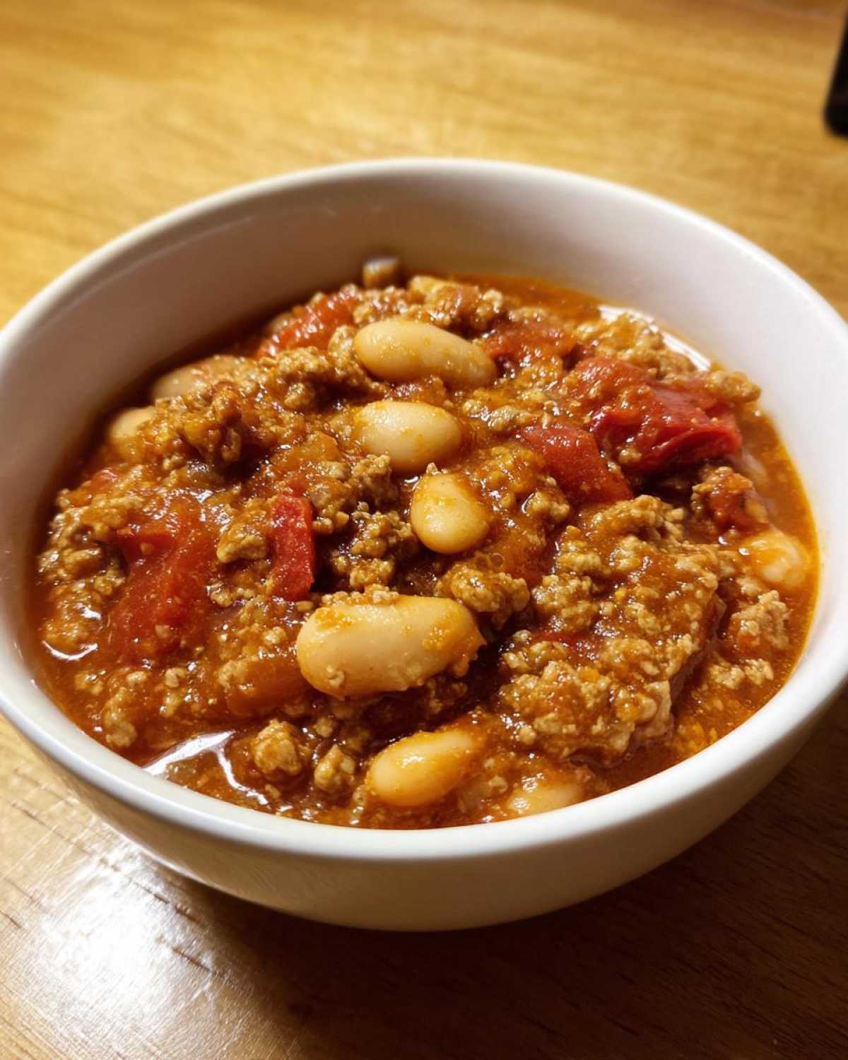 Close-up of a hearty bowl of Spicy Turkey White Bean Chili featuring ground turkey, white beans, and tomatoes.