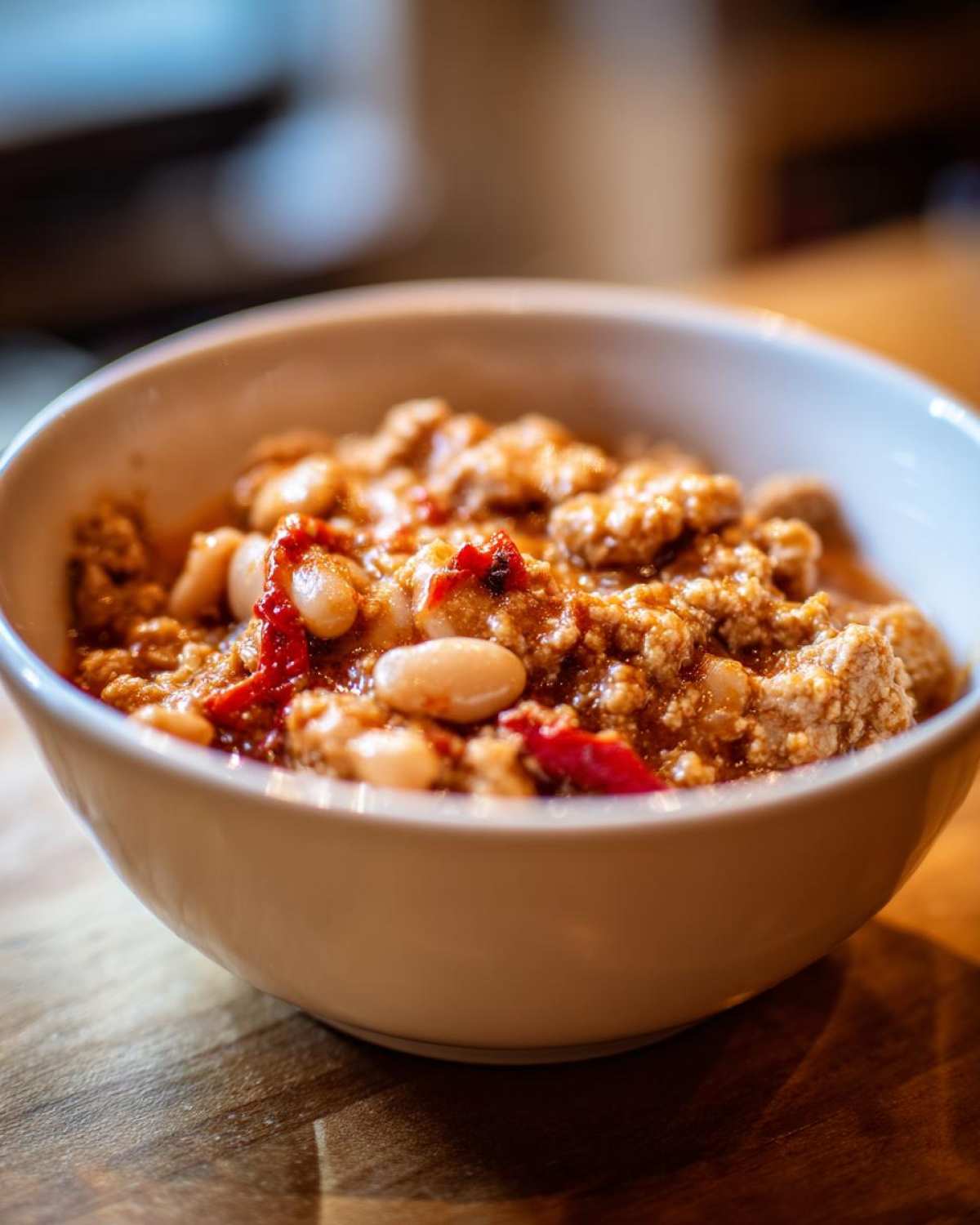 Close-up of a white bowl filled with hearty Spicy Turkey White Bean Chili featuring ground turkey and white beans.
