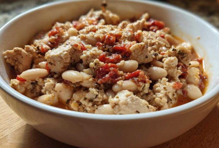 Close-up of Spicy Turkey White Bean Chili featuring ground turkey, white beans, and diced tomatoes in a white bowl.