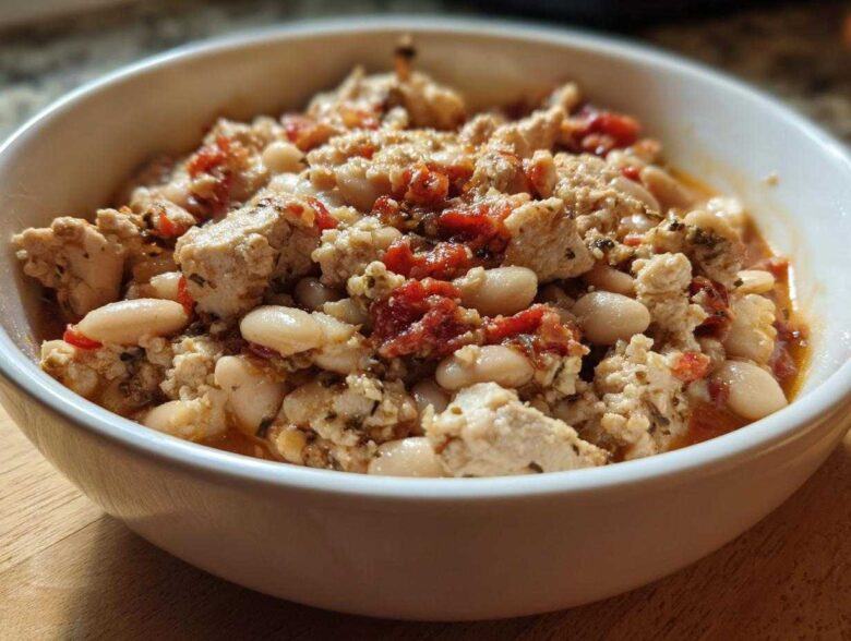 Close-up of Spicy Turkey White Bean Chili featuring ground turkey, white beans, and diced tomatoes in a white bowl.