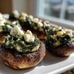Close-up of baked Spinach and Feta Stuffed Mushrooms topped with crumbled feta cheese on a white platter.
