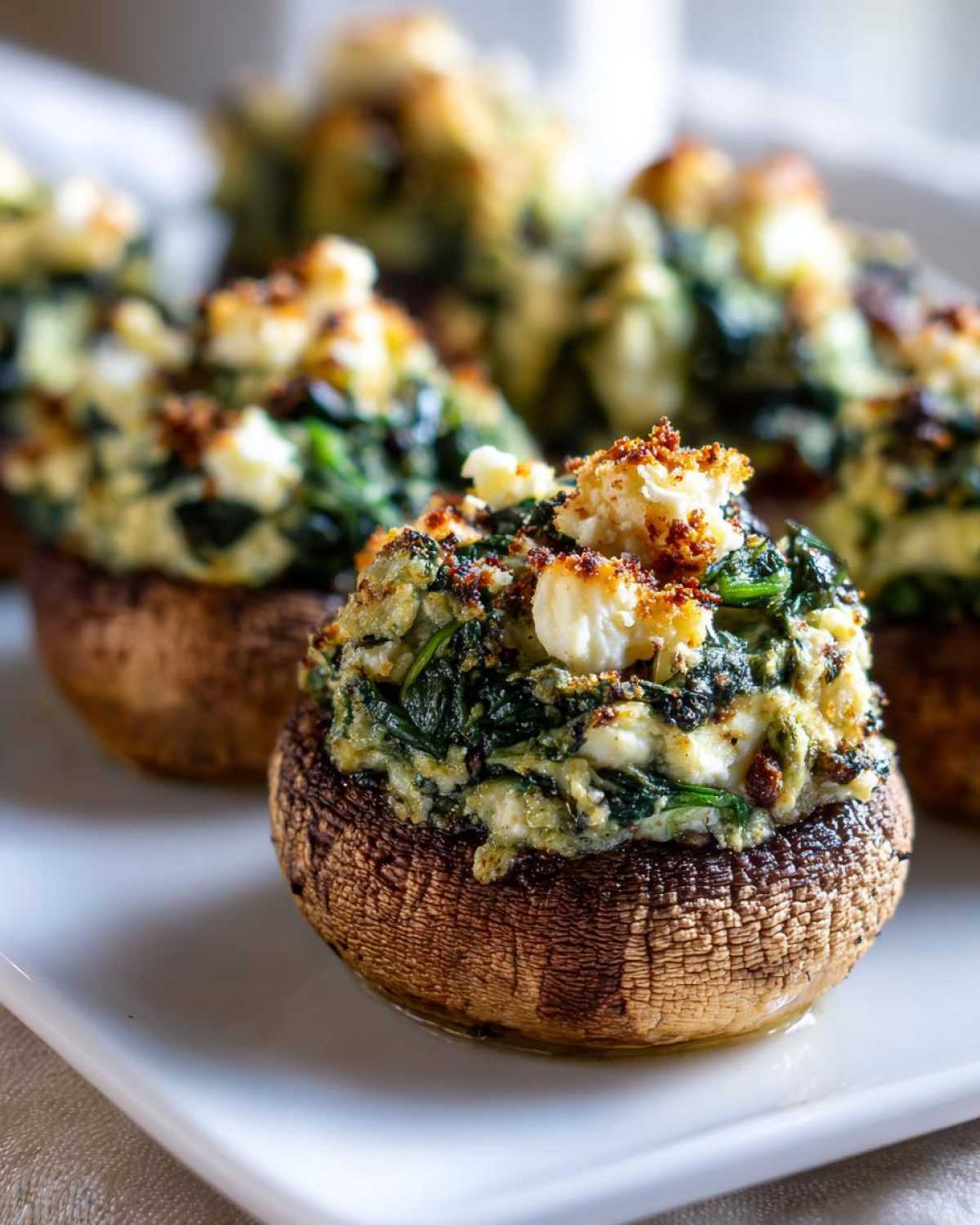 A close-up of a baked Spinach and Feta Stuffed Mushroom topped with crumbled feta and browned breadcrumbs.