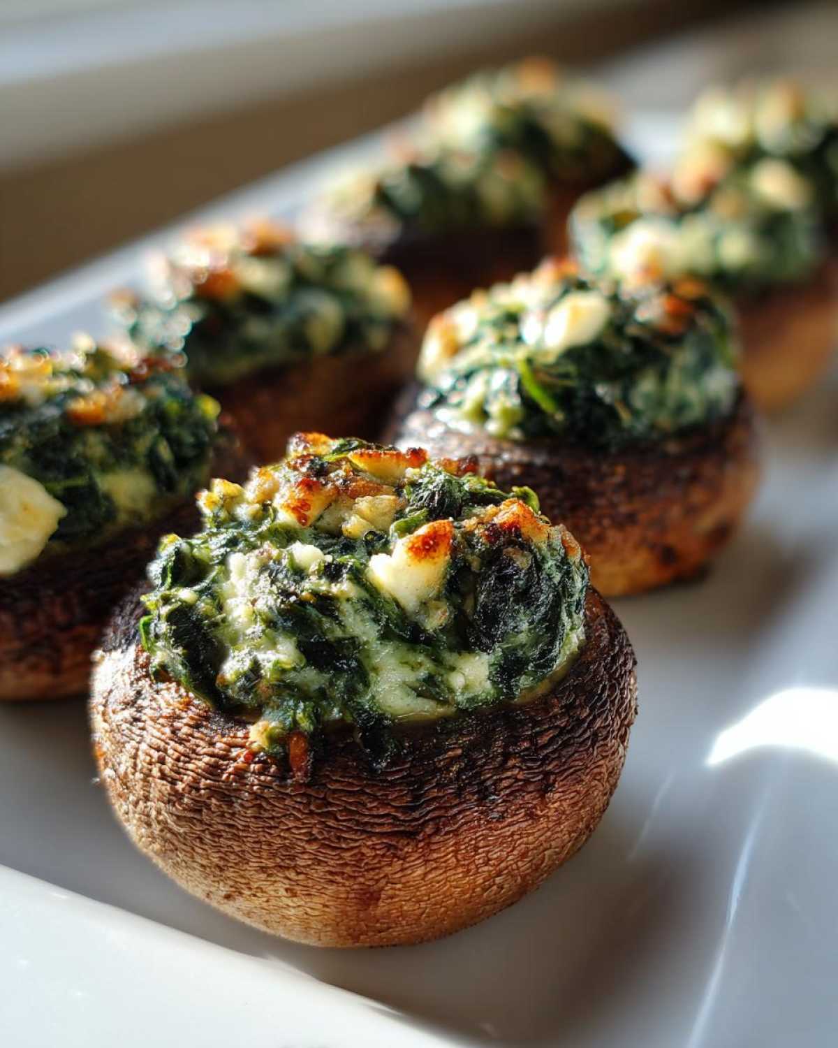 Close-up of baked Spinach and Feta Stuffed Mushrooms with browned tops served on a white platter.