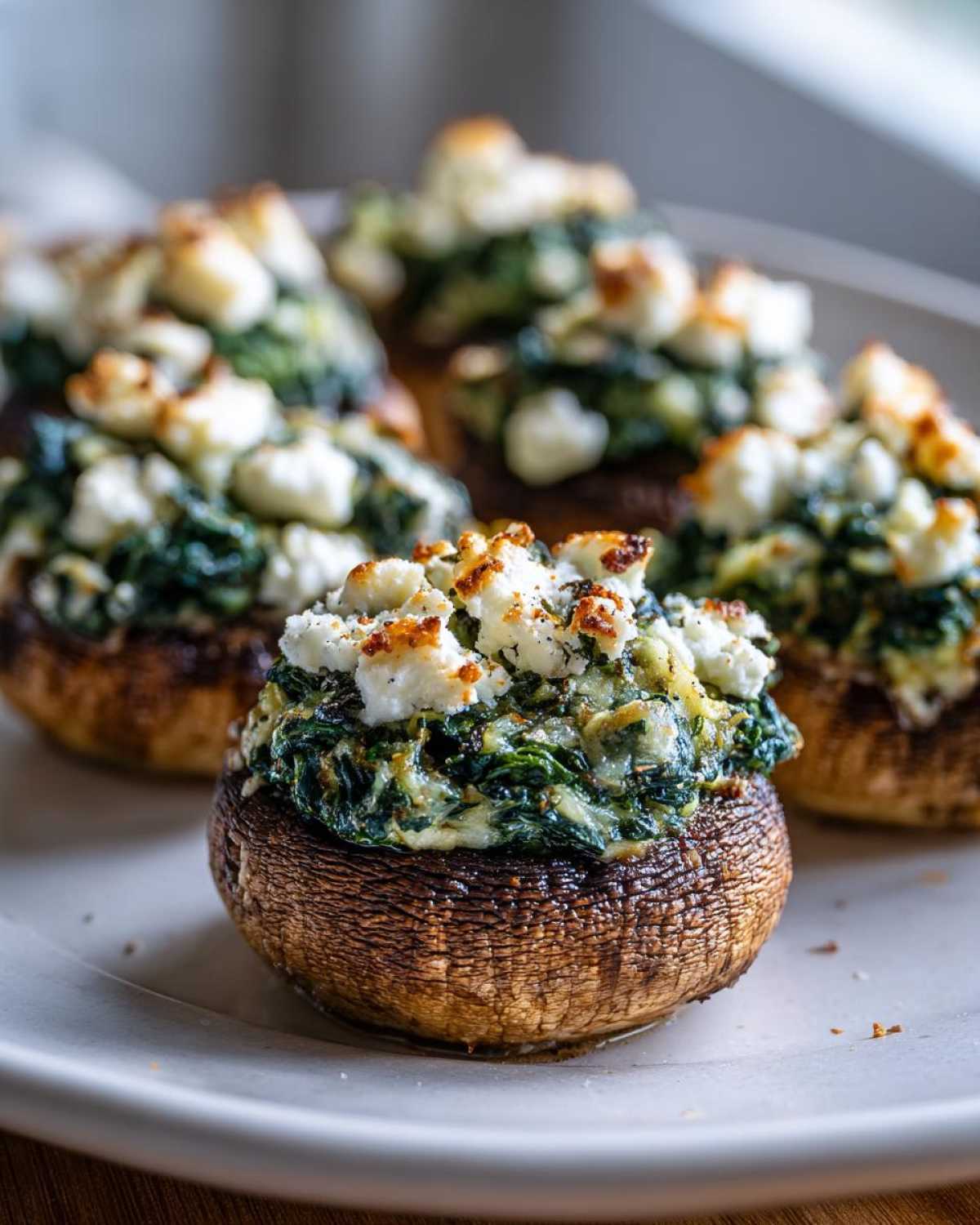 Close-up of baked Spinach and Feta Stuffed Mushrooms topped with browned feta cheese on a white plate.