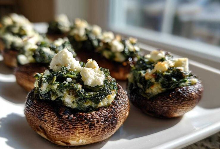 Close-up of baked Spinach and Feta Stuffed Mushrooms topped with crumbled feta cheese on a white platter.