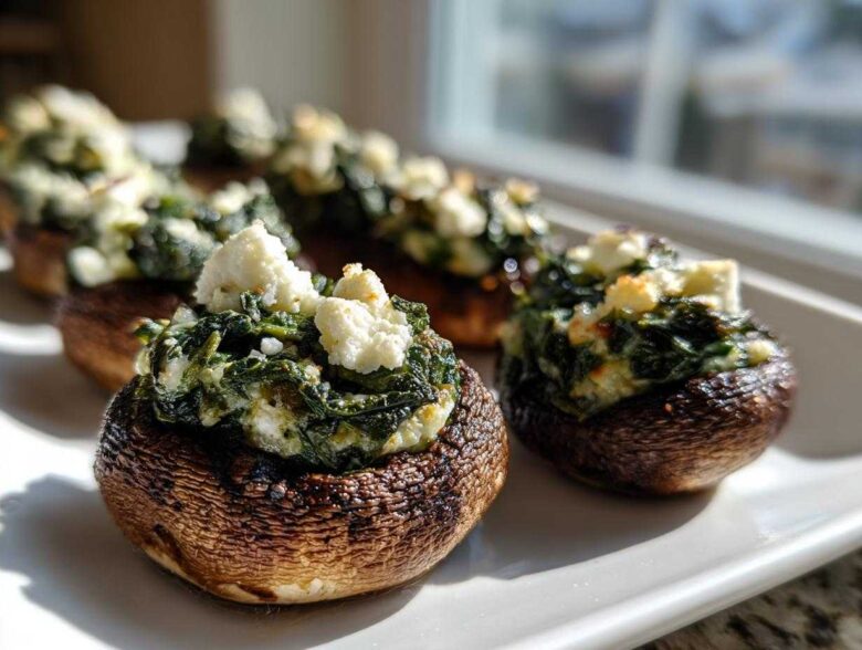 Close-up of baked Spinach and Feta Stuffed Mushrooms topped with crumbled feta cheese on a white platter.