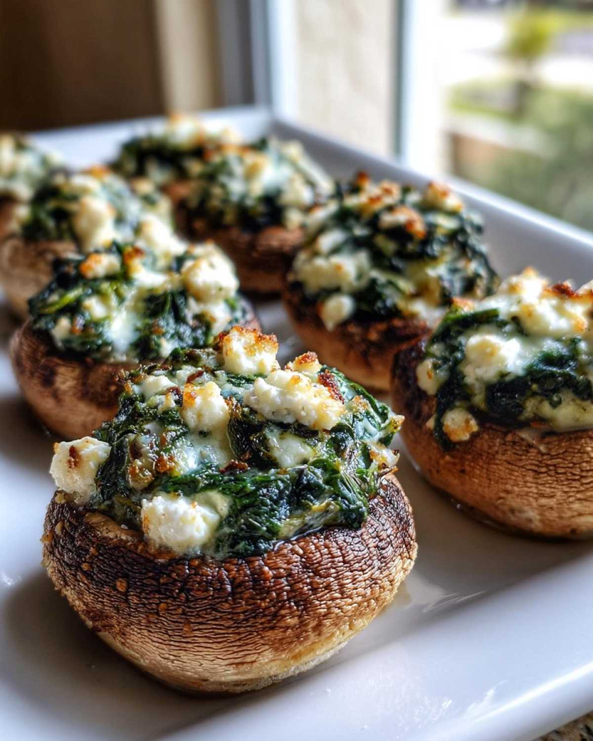 A row of baked Spinach and Feta Stuffed Mushrooms topped with melted cheese, served on a white platter.