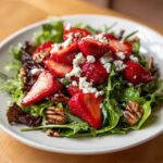 Close-up of a vibrant Spring Mix Salad with Strawberries and Goat Cheese, topped with pecans.